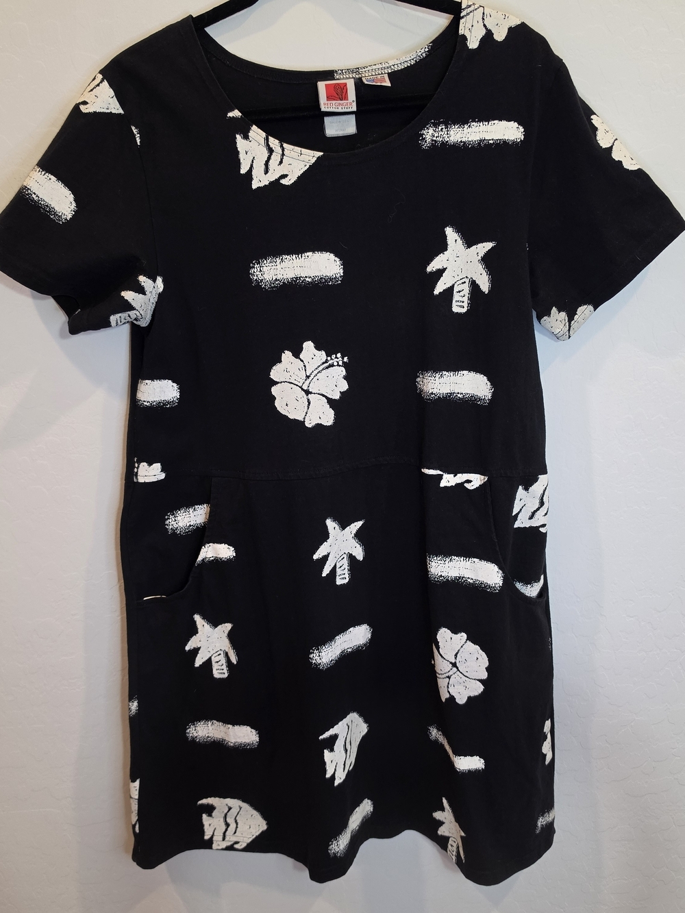 Black Midi Dress with White Tropical Motifs Travel